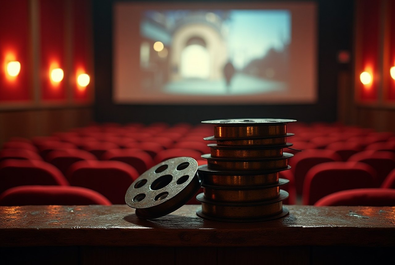 A stack of worn film canisters and a coiled reel catching brass-coloured light in a booth