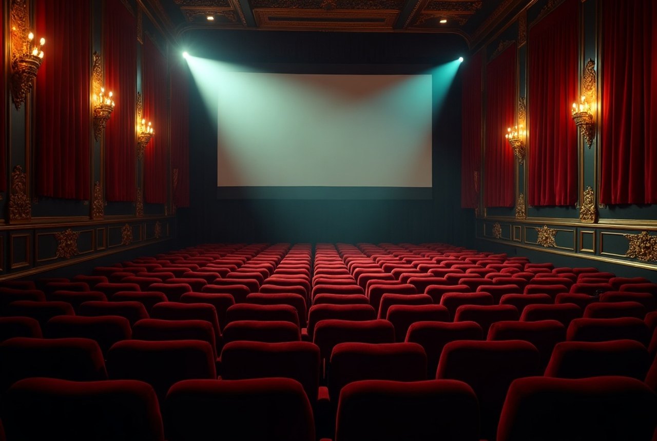 The worn velvet seats and faded gilt of a small independent picture house lit by a single house lamp