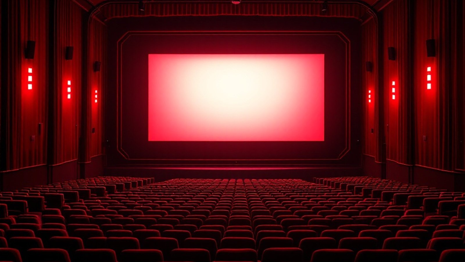 A vast cinema auditorium bathed in deep red light, empty rows of velvet seats facing a glowing blank screen beneath a proscenium arch