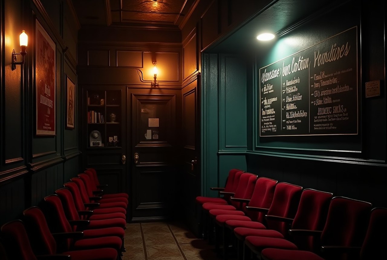 A dim repertory cinema foyer at night, hand-lettered chalkboard listings glowing under a single warm bulb
