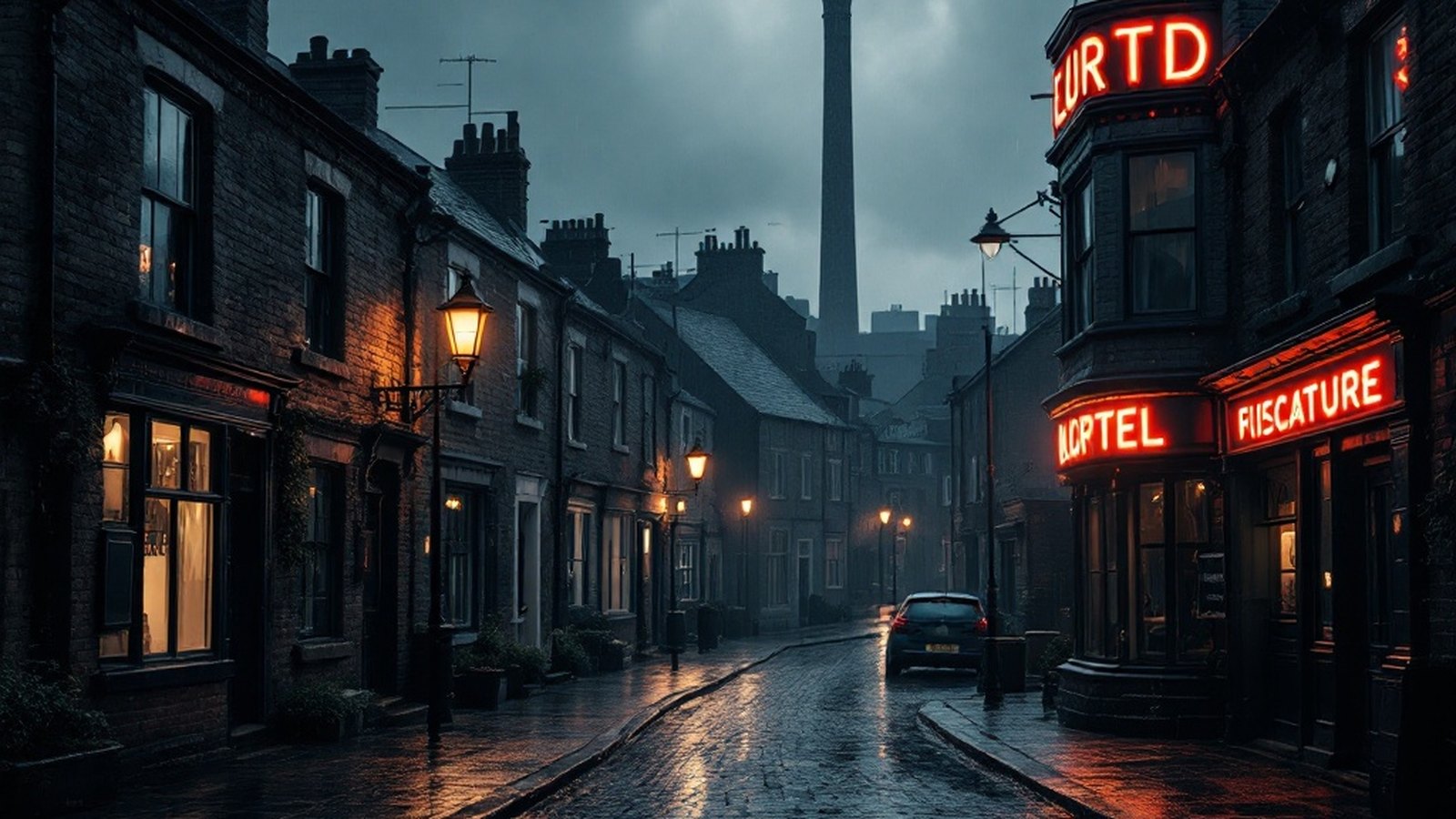 A cobbled back-street of terraced houses in a northern town, damp and grey, a factory chimney beyond
