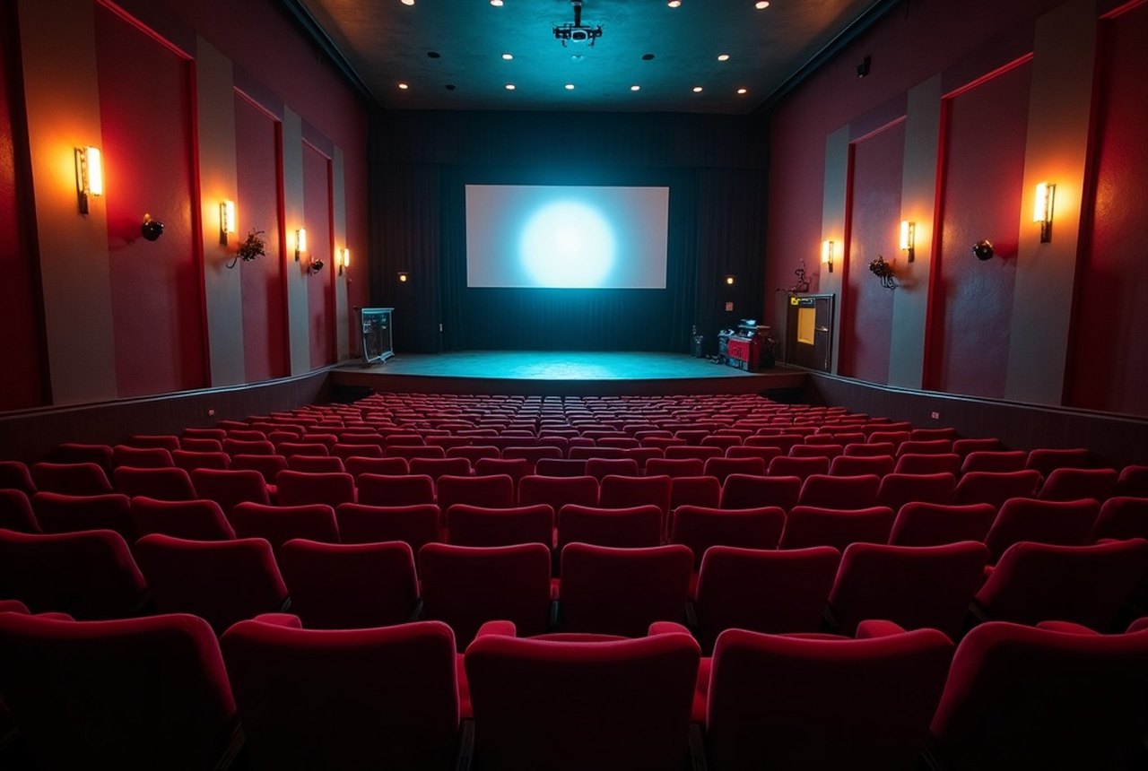 A softly half-lit auditorium with the house lights kept low-warm, seats gently illuminated