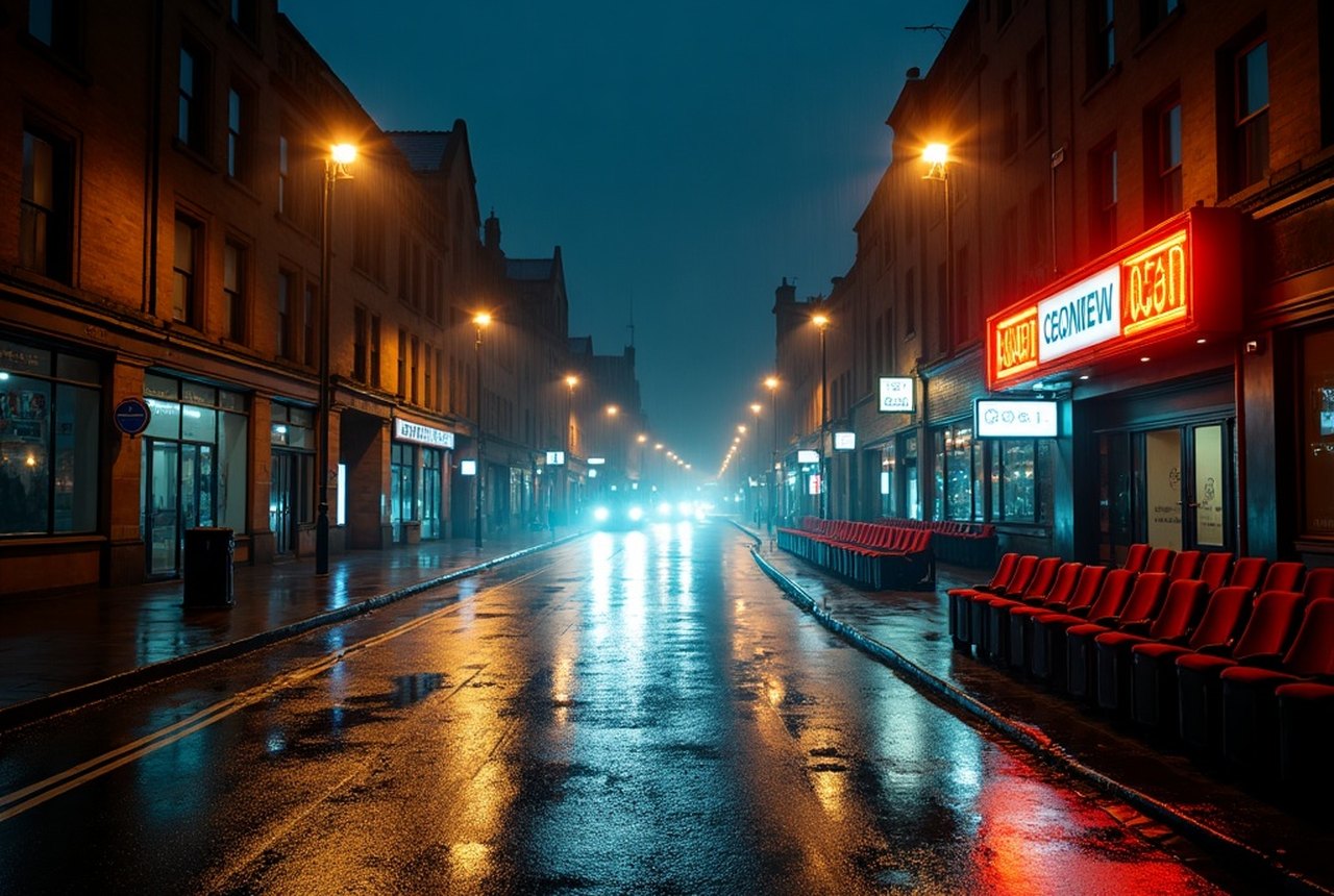 A rain-slicked Glasgow street at night, headlights smearing across wet tarmac under sodium lamps